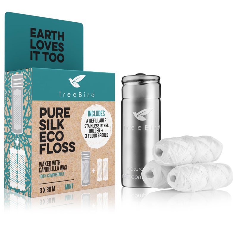 TreeBird Pure Silk Eco Floss Kit - Refillable Floss Dispenser (Stainless Steel) + 3Ã—33 yd Silk Refills | Waxed with Candelilla Wax | Mint - Image 1